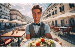 A cheerful waiter in a charming, a Food & Drink Photo by Igor Tichonow