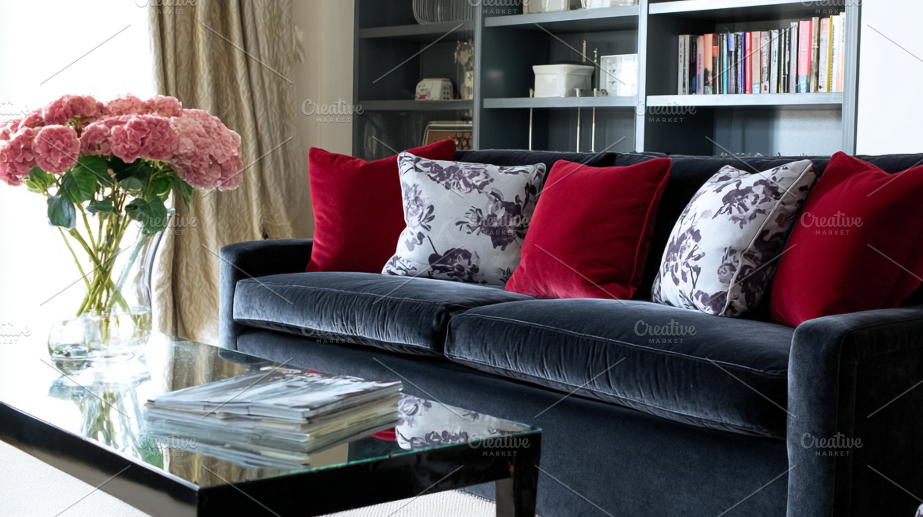 Elegant living room interior with a velvet sofa and decorative c, a Photo by Studio ANNA