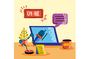 laptop with podcast icons, an Object Illustration by studiogstock