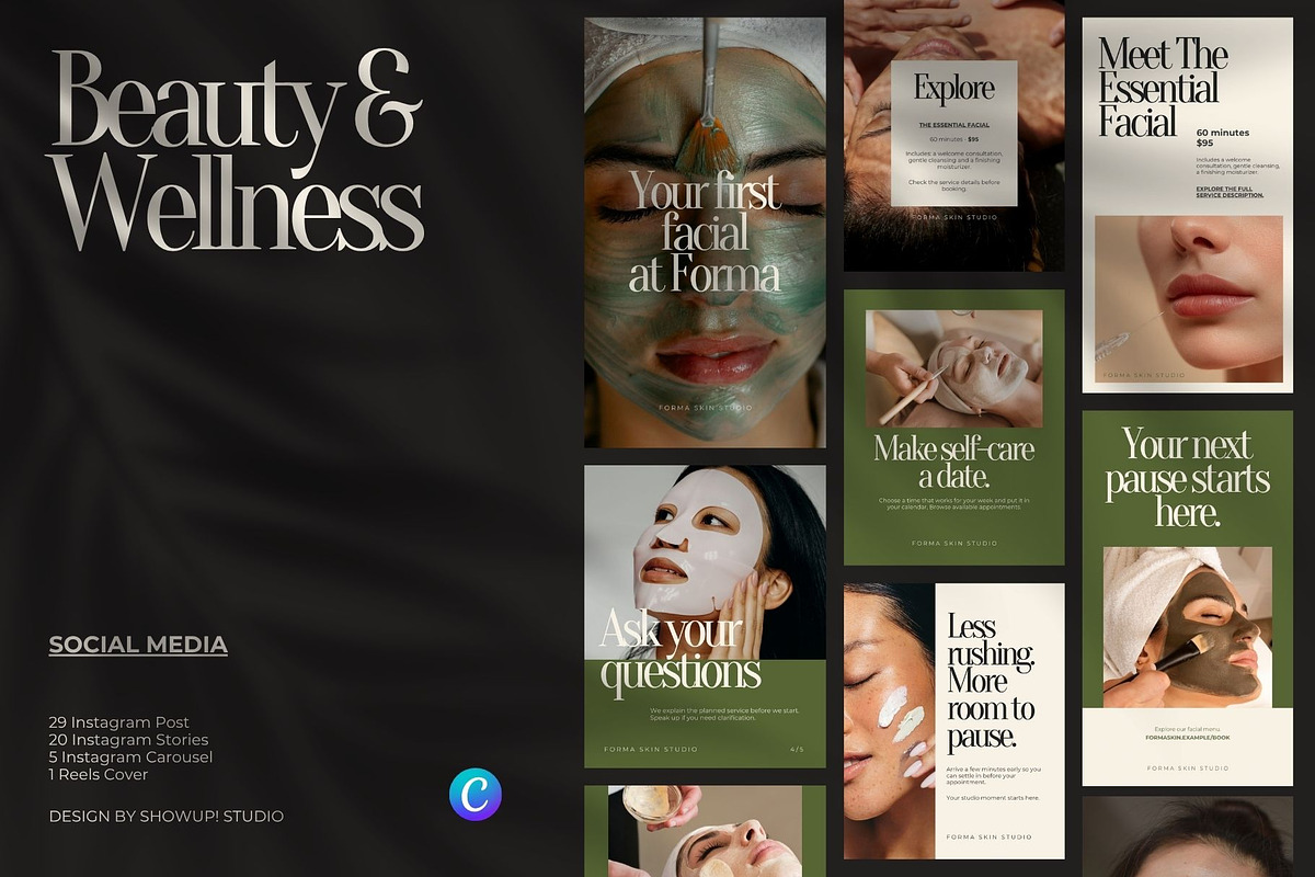 Beauty & Wellness Canva Templates, a Social Media Template by ShowUp! Studio (Photo 1 of 9)