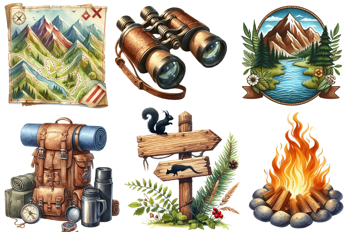 Watercolor Camping Hiking Clip Art, an Illustration by Designking (Photo 3 of 4)