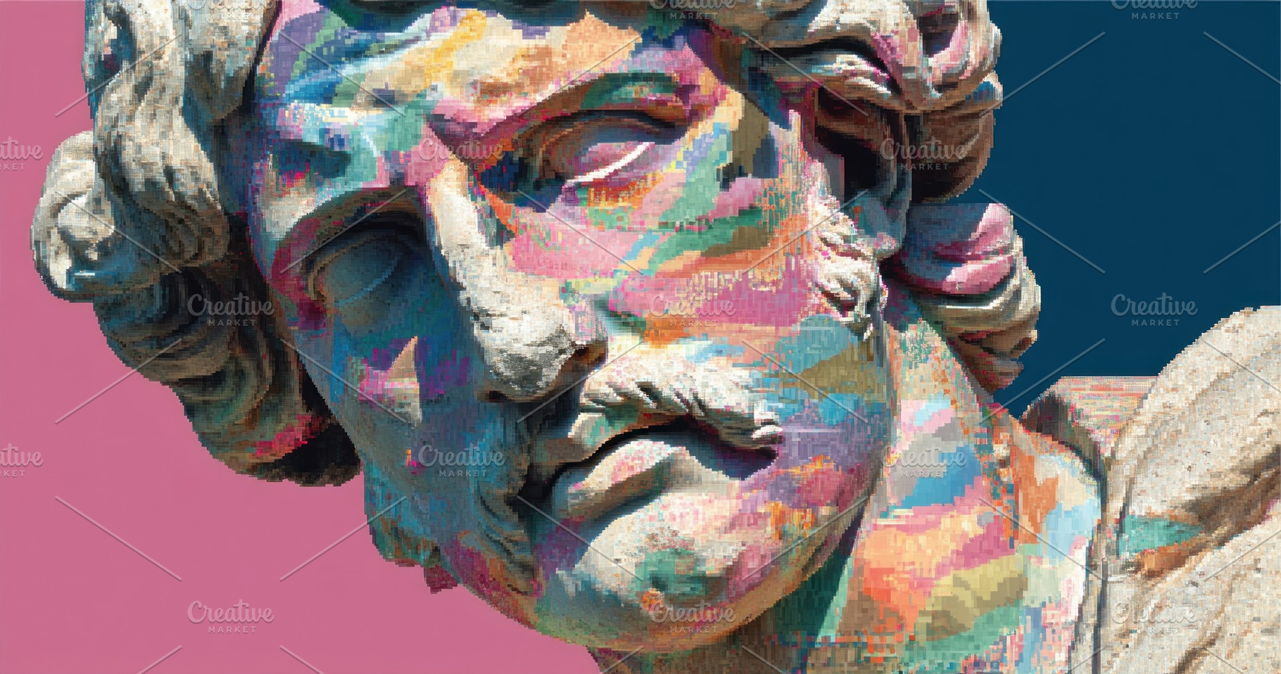 Classical marble statue head with colorful digital pixel texture, an Abstract Photo by José Manuel Gelpi