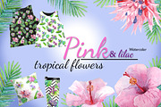 Watercolor pink tropical flowers., an Illustration by yulia.sukhanova (Thumbnail 1 of 4)