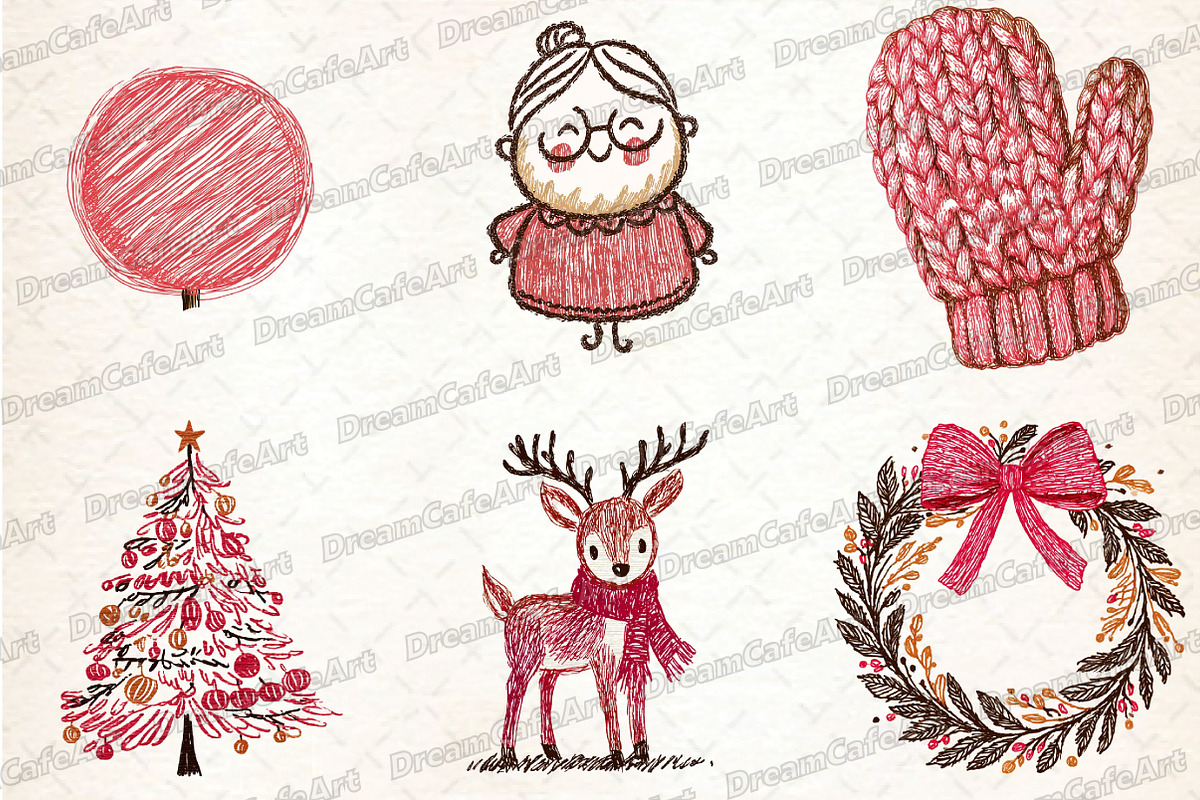 Cute Christmas Doodles Watercolor, an Illustration by DreamCafeArt (Photo 6 of 7)