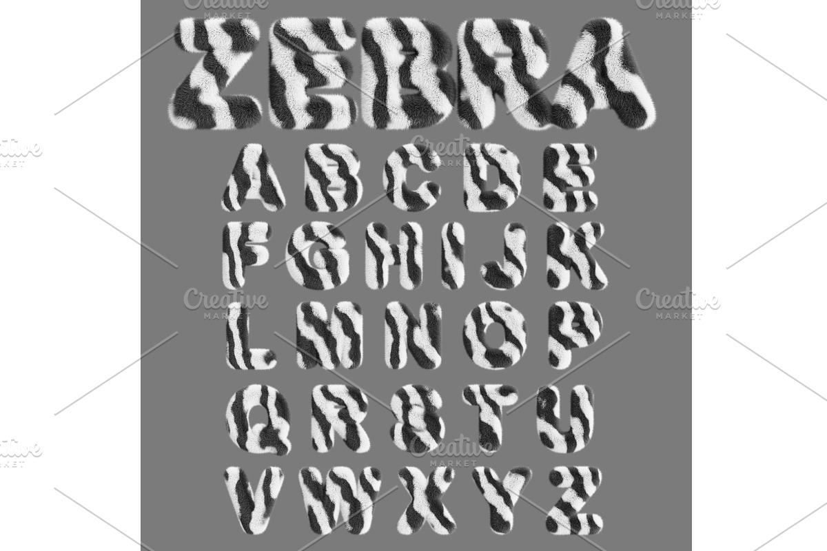 Zebra alphabet, fluffy font letters, an Animal 3D Model by Marozhkastudio