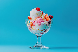 Colorful ice cream sundae with berries and strawberries in cup, a Food & Drink Photo by AlyaAnd