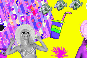 Contemporary minimal art collage banner. Tropical retro happy La
