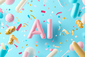 Colorful text AI surrounded by playful geometric shapes on a blu, a Photo by Dvoevnore photos