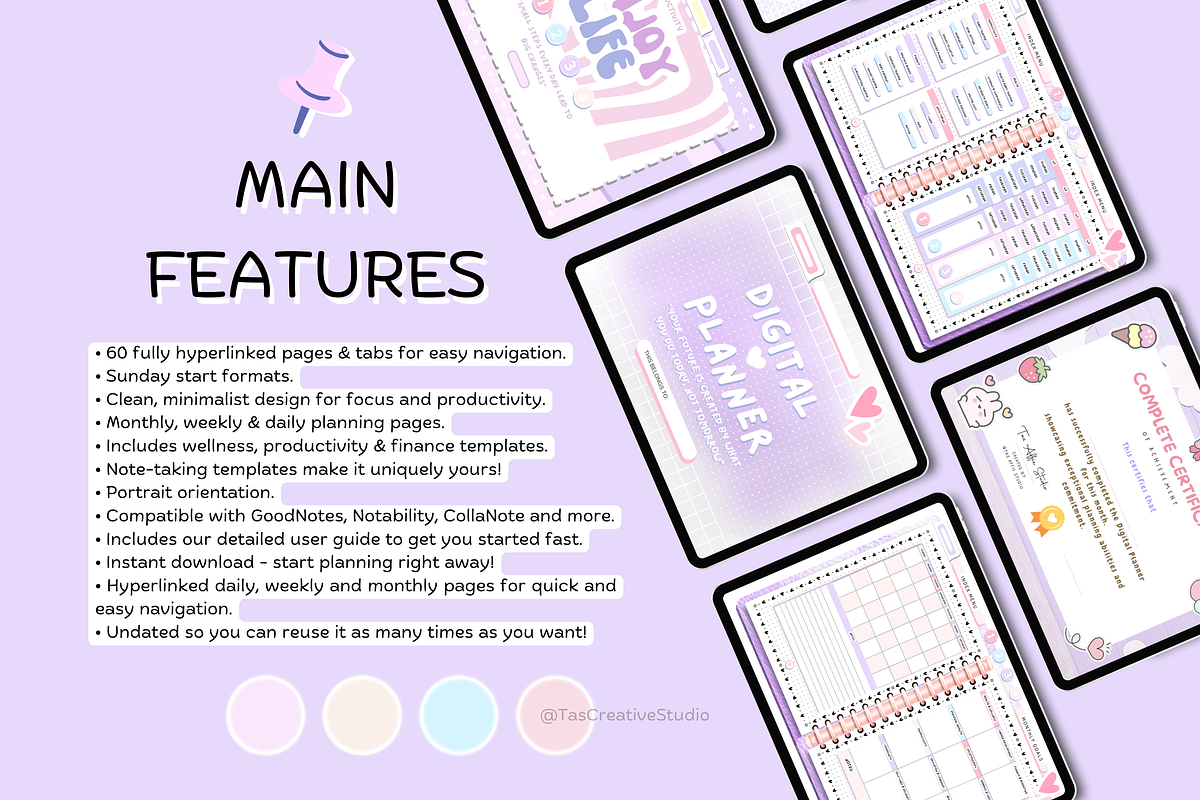 Purple Pink Pastel Digital Planner, a Stationery Template by Tas Creative Studio (Photo 4 of 12)