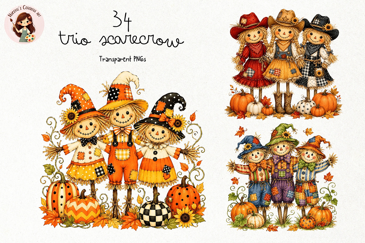 Trio Scarecrow PNG Clipart Bundle, a Seasonal Illustration by Nicolle's Colorful Art (Photo 1 of 8)