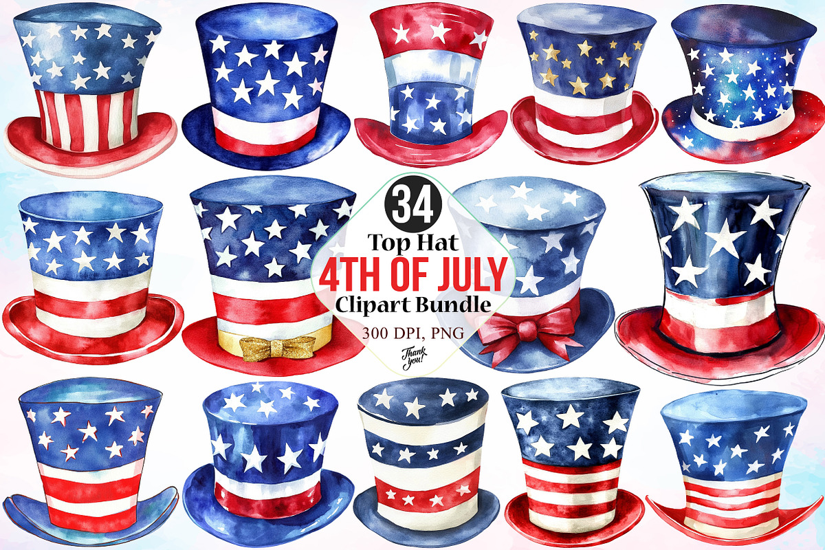Top Hat 4th of July Clipart Bundle, a Seasonal Illustration by Canvas Craft (Photo 1 of 4)
