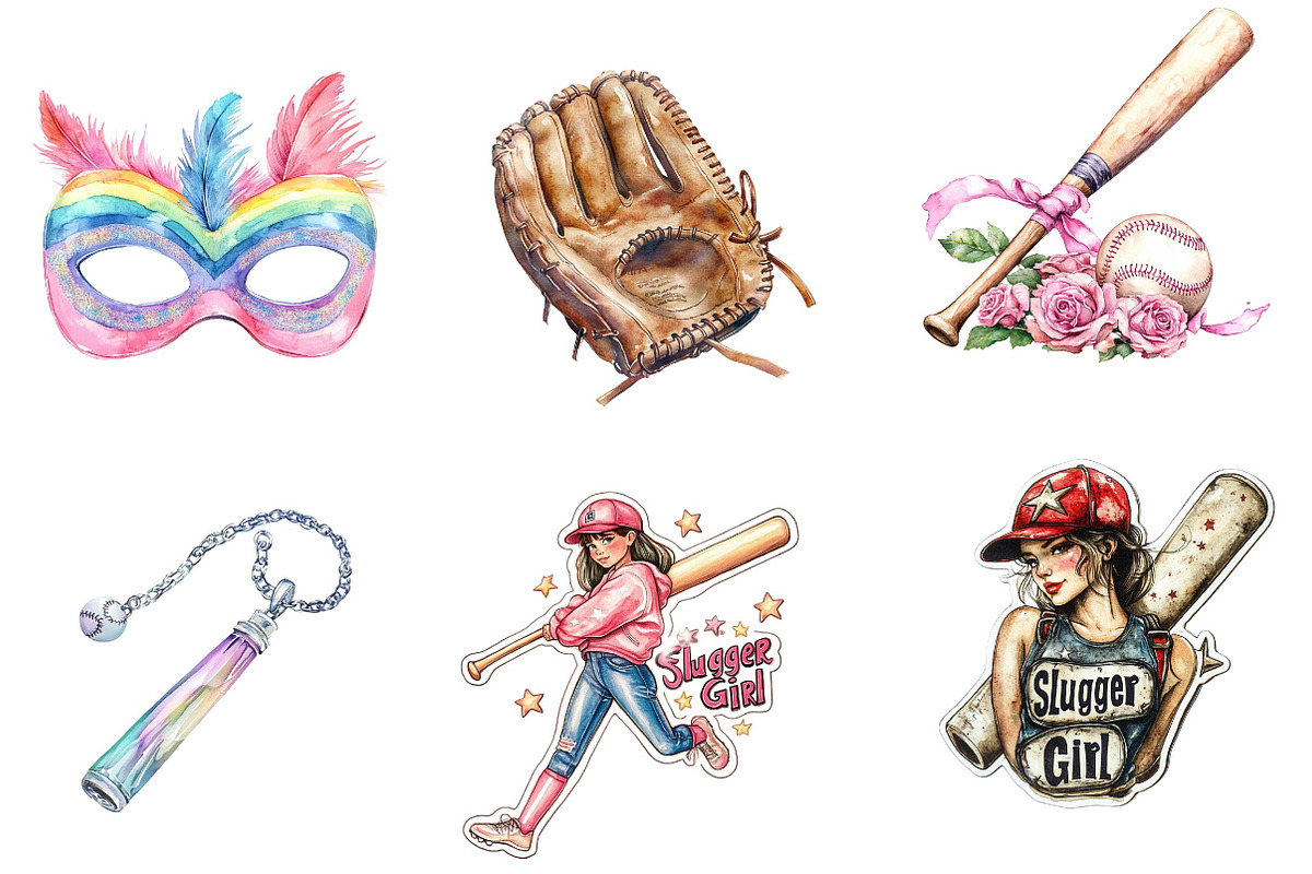 Retro Girly Baseball Clipart Bundle, an Illustration by Dream Creation (Photo 3 of 6)