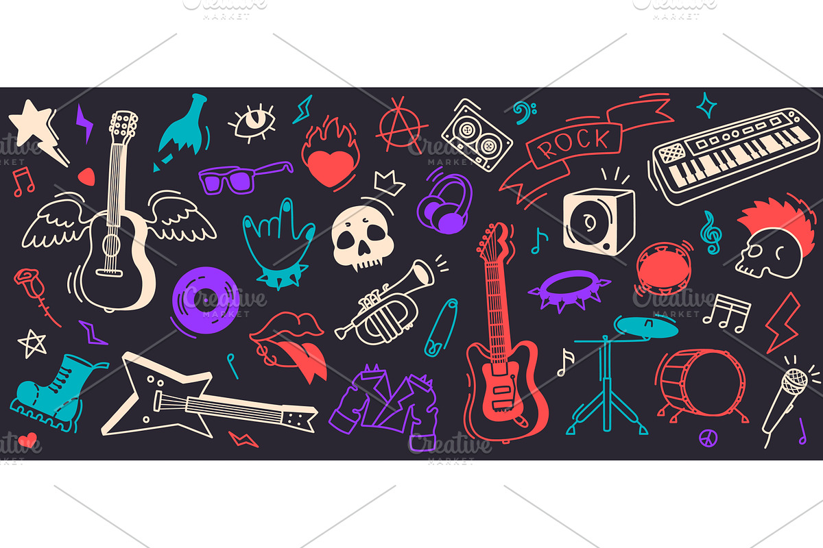 Rock music doodle. Guitar, skull and, an Illustration by winwin.art