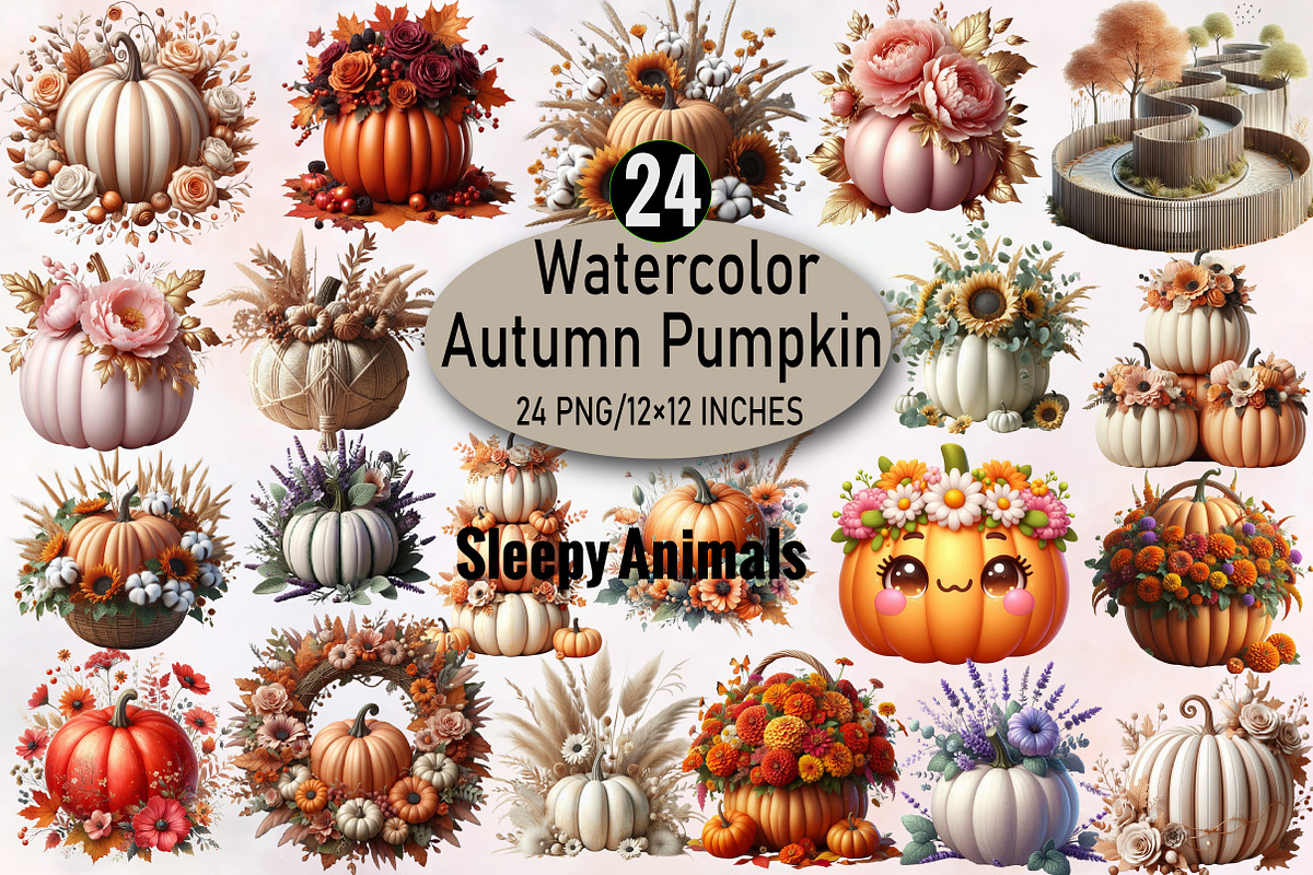 Watercolor Autumn Flower Pumpkin Des, an Illustration by SVGArt (Photo 1 of 8)