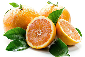 Fresh orange fruit with green leafs on white background, a Food & Drink Photo by AlyaAnd