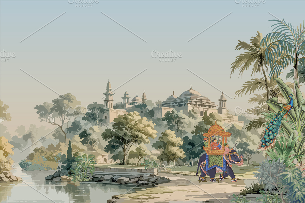 Mughal royal procession artwork, a Decorative Illustration by Mughal Wallpaper