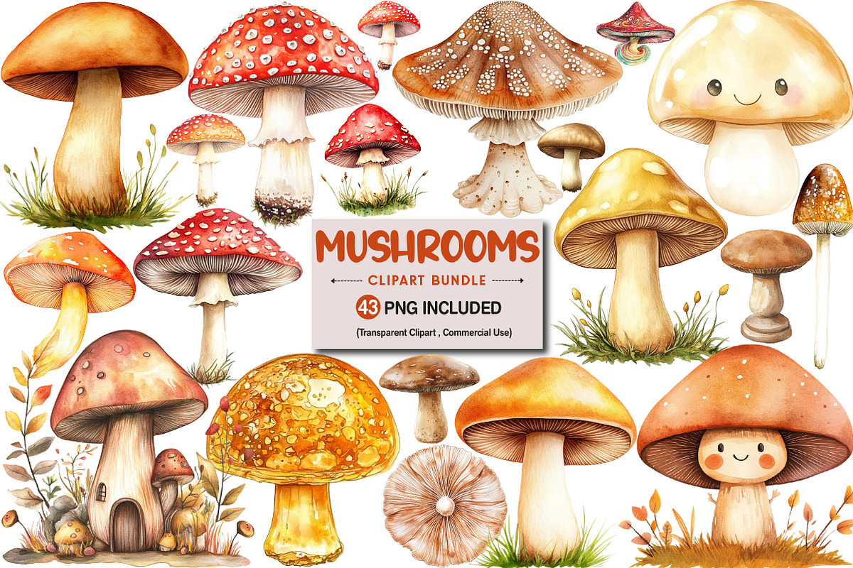 Watercolor Mushrooms Clipart Bundle, an Illustration by Pixels.Craft (Photo 1 of 4)
