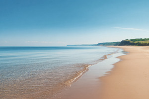 Long sandy beach with calm ocean water reflecting a clear blue s, a Photo by Studio ANNA