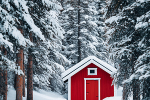 Red wooden cabin surrounded by snow, a Nature Photo by MistyDay