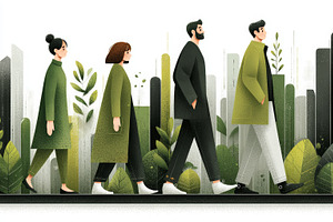 Group of people walking in an eco-friendly urban environment, an Illustration by AS photostudio