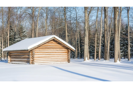 Snow covered log cabin in peaceful, a Nature Photo by Lermont51