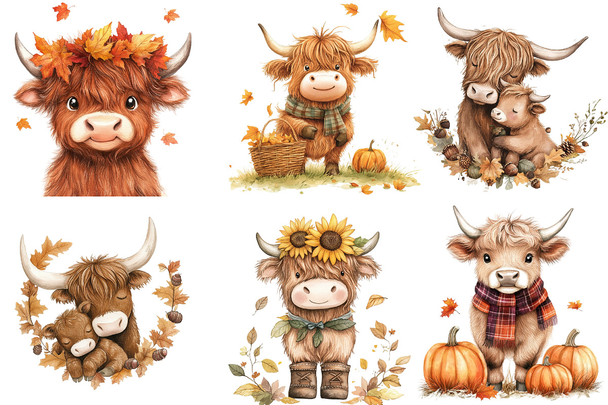 Watercolor Autumn Haighland Cow png, an Illustration by Watercolor design (Photo 3 of 4)