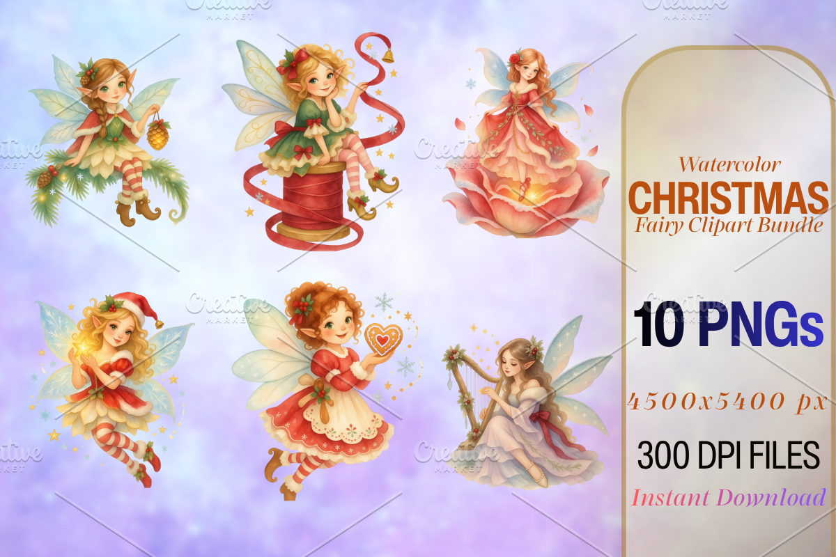 Watercolor Christmas Fairy Cliparts, a Seasonal Illustration by Ink Gallery (Photo 2 of 9)