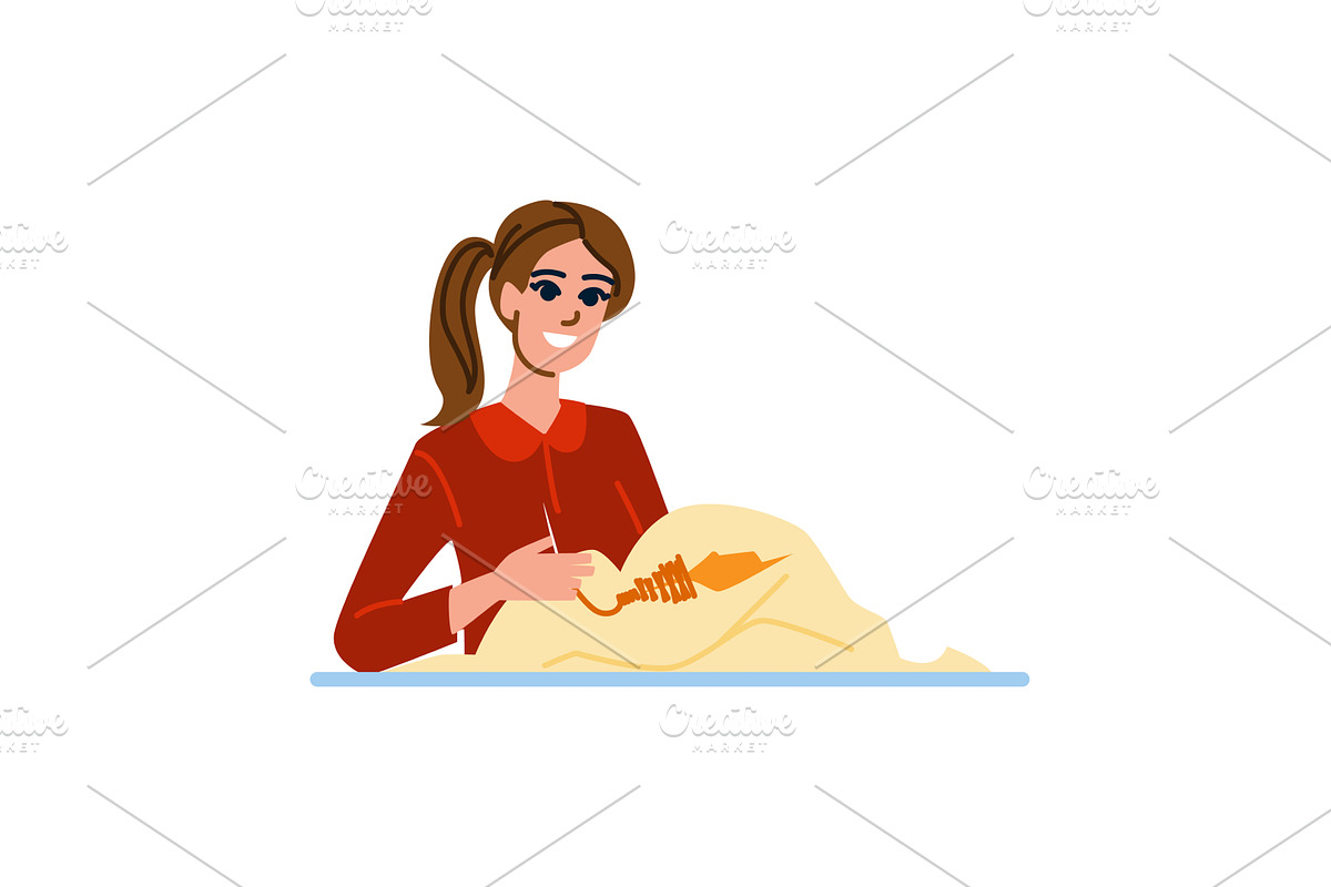 Seamstress embroidering fabric with, an Object Illustration by pikepicture