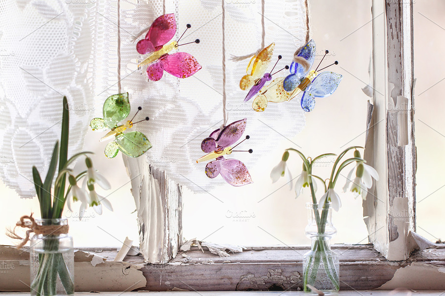 Iterior Window With Glass Butterflies And Snowdrops Featuring Flowers Home