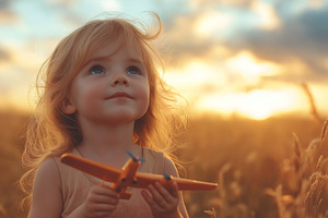 A young Caucasian girl with windswept blonde hair holds an orange toy airplane,, a Person Photo by ImageMir
