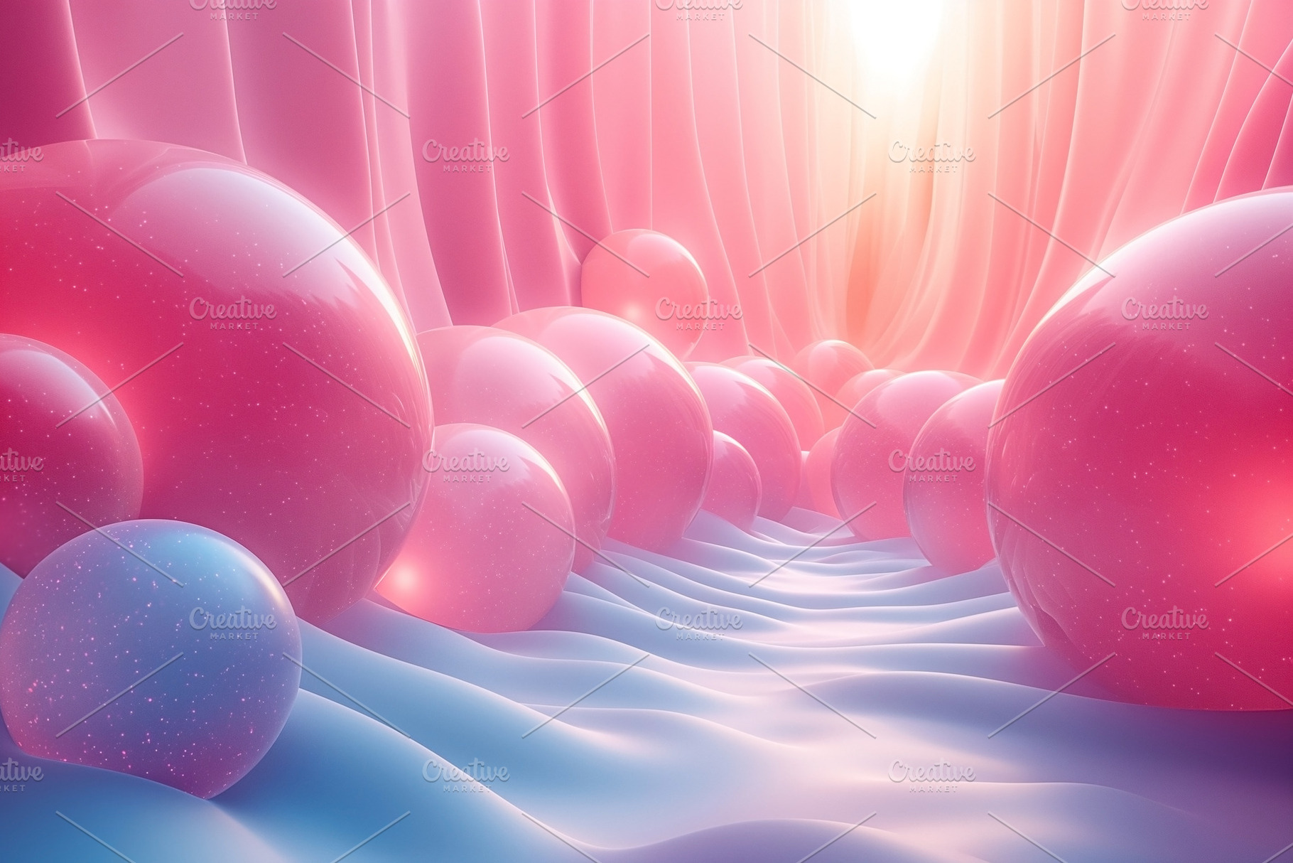 Abstract digital landscape featuring pink and blue spheres amids, a Background Photo by ImageMir