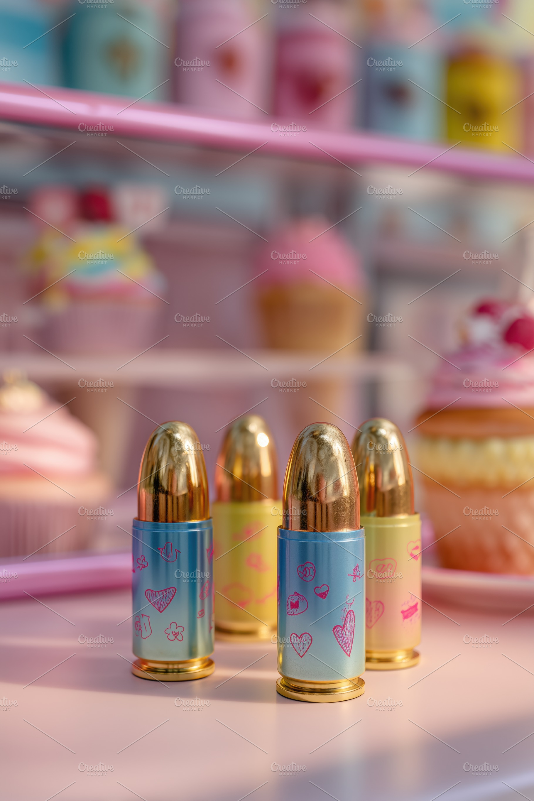 Colorful lipsticks with playful designs in a pastel-themed setting, featuring c, an Arts & Entertainment Photo by Textures & Backgrounds