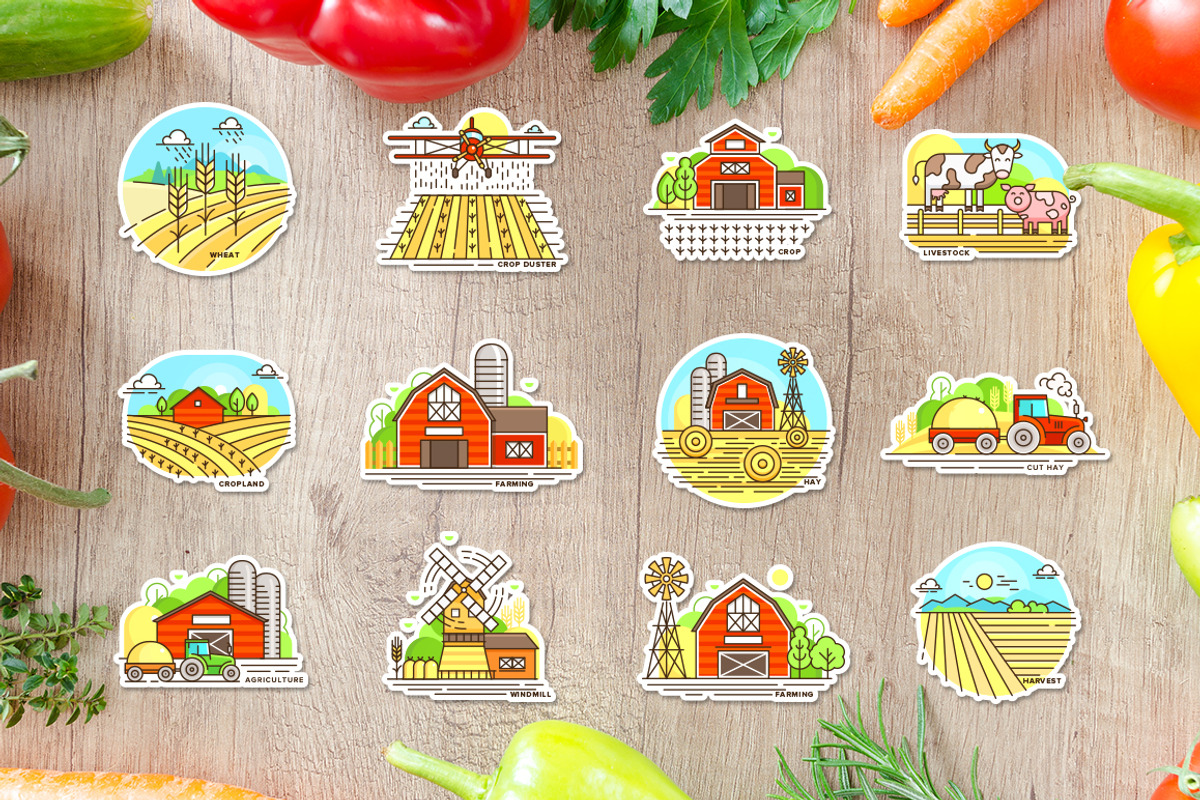 Farm icons and farming fields, an Outline Icon by Bezvershenko (Photo 8 of 8)