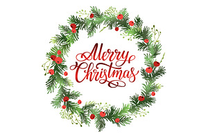 Merry Christmas fir wreath design.