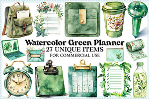 Watercolor Green Planner Clipart, an Illustration by Craft Nest