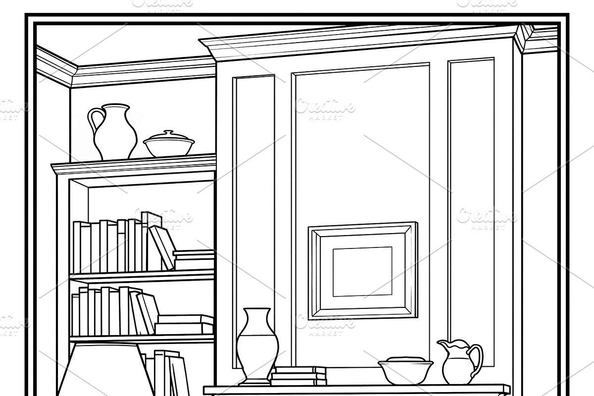 Cozy living room interior with armchair, bookshelf, fireplace, a, an Illustration by Studio ANNA