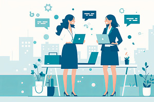 Two businesswomen collaborating with laptops in a modern office setting, an Illustration by AS photostudio