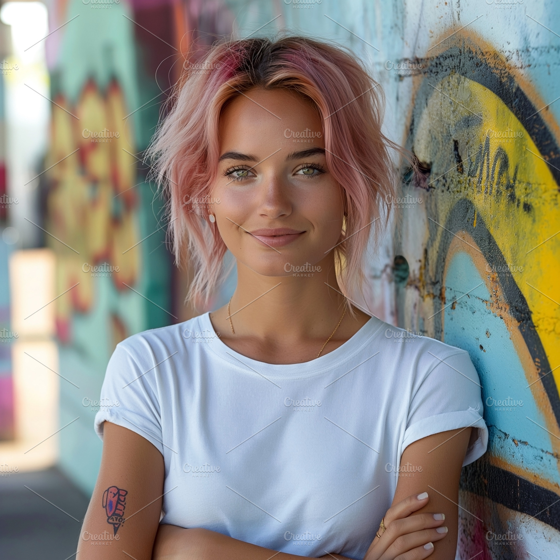 A smiling young woman with short pink hair stands against a colorful graffiti w, a Person Photo by ImageMir