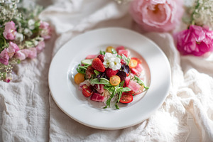 Colorful summer salad combining fresh fruits and vegetables, cre, a Photo by Studio ANNA