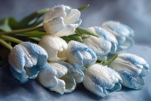 White and blue tulips on soft, a Photo by Beautiful things
