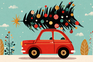 Red car with tree and ornaments, a Photo by Beautiful things