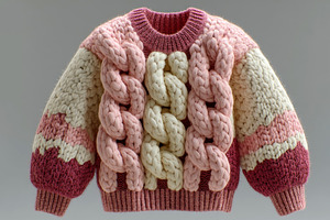 Chunky braided knit sweater in cream, pink, and burgundy yarns w, a Photo by José Manuel Gelpi