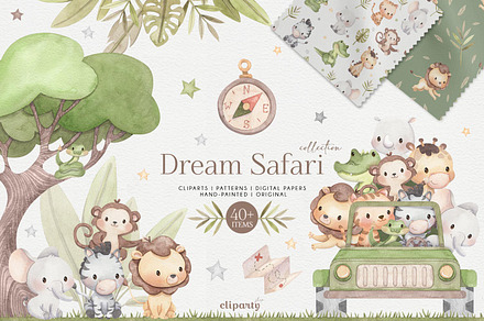 Dream Safari - Watercolor Clipart, an Animal Illustration by GauSilvaStudio