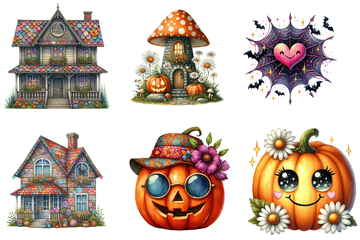 Watercolor Retro Halloween Clipart, an Illustration by DreamArtGraphic (Photo 5 of 5)