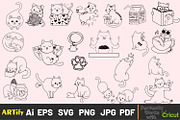 Funny Kawaii Cats Outline Clipart, an Animal Illustration by ARTify Illustrations (Thumbnail 2 of 7)