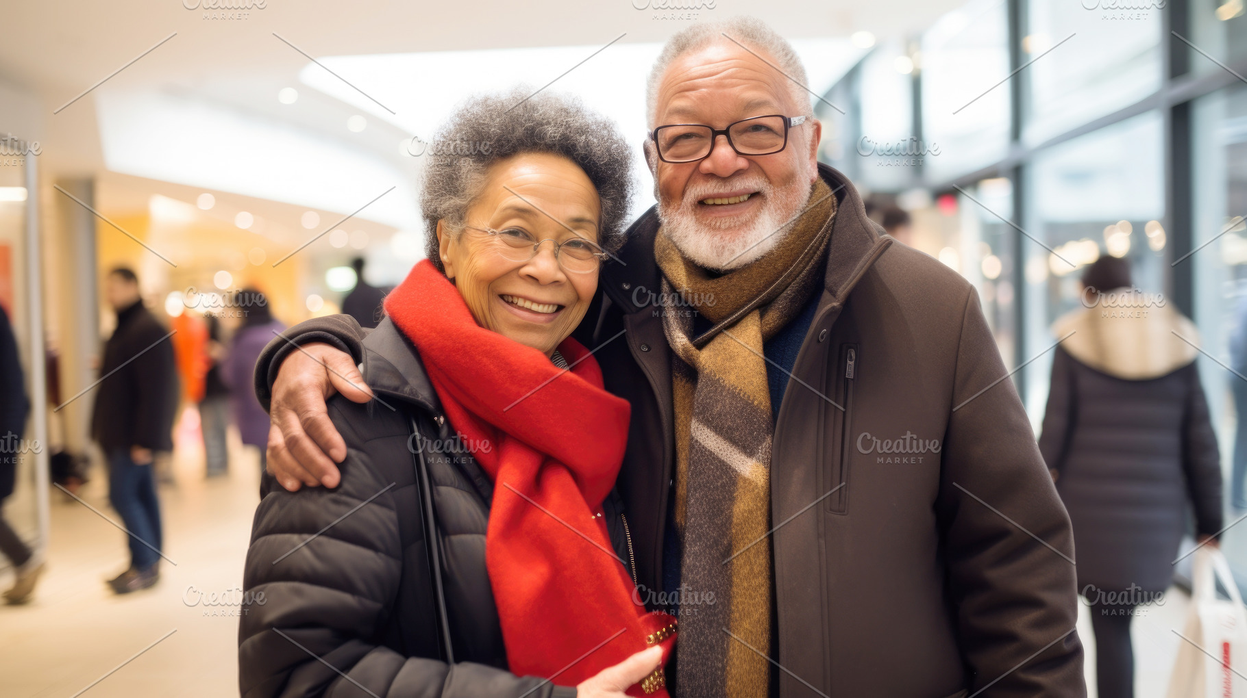 Smiling middle aged couple walking in shopping mall holding shop, a Photo by Dvoevnore photos