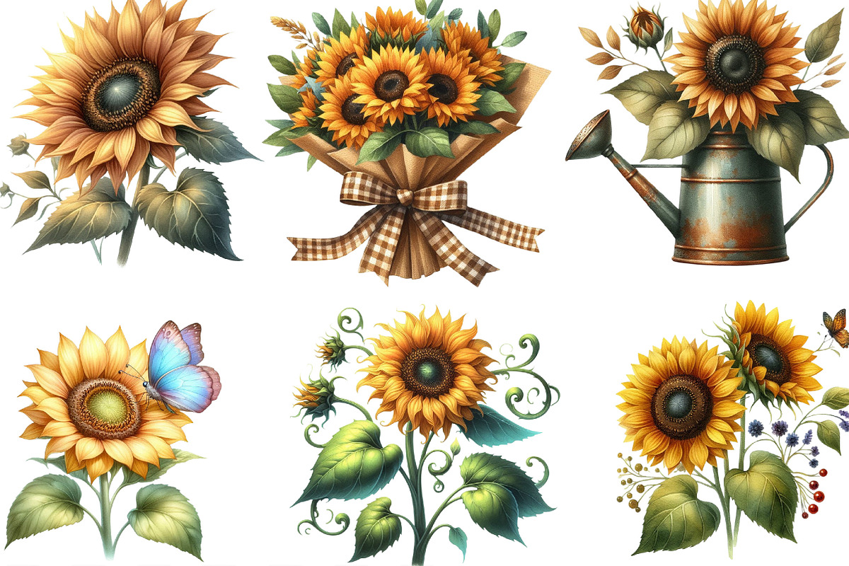 Watercolor Summer Sunflower Clipart, an Illustration by Designking (Photo 4 of 4)