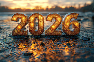 Glowing golden 2026 numbers on icy surface with sunset reflectio, a Background Photo by José Manuel Gelpi