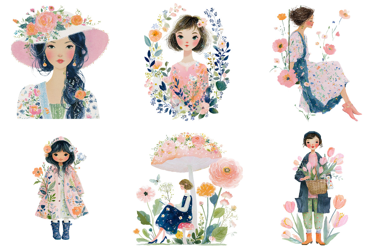 Whimsical Girl Flower Spring Clipart, an Illustration by DreamArtGraphic (Photo 2 of 4)