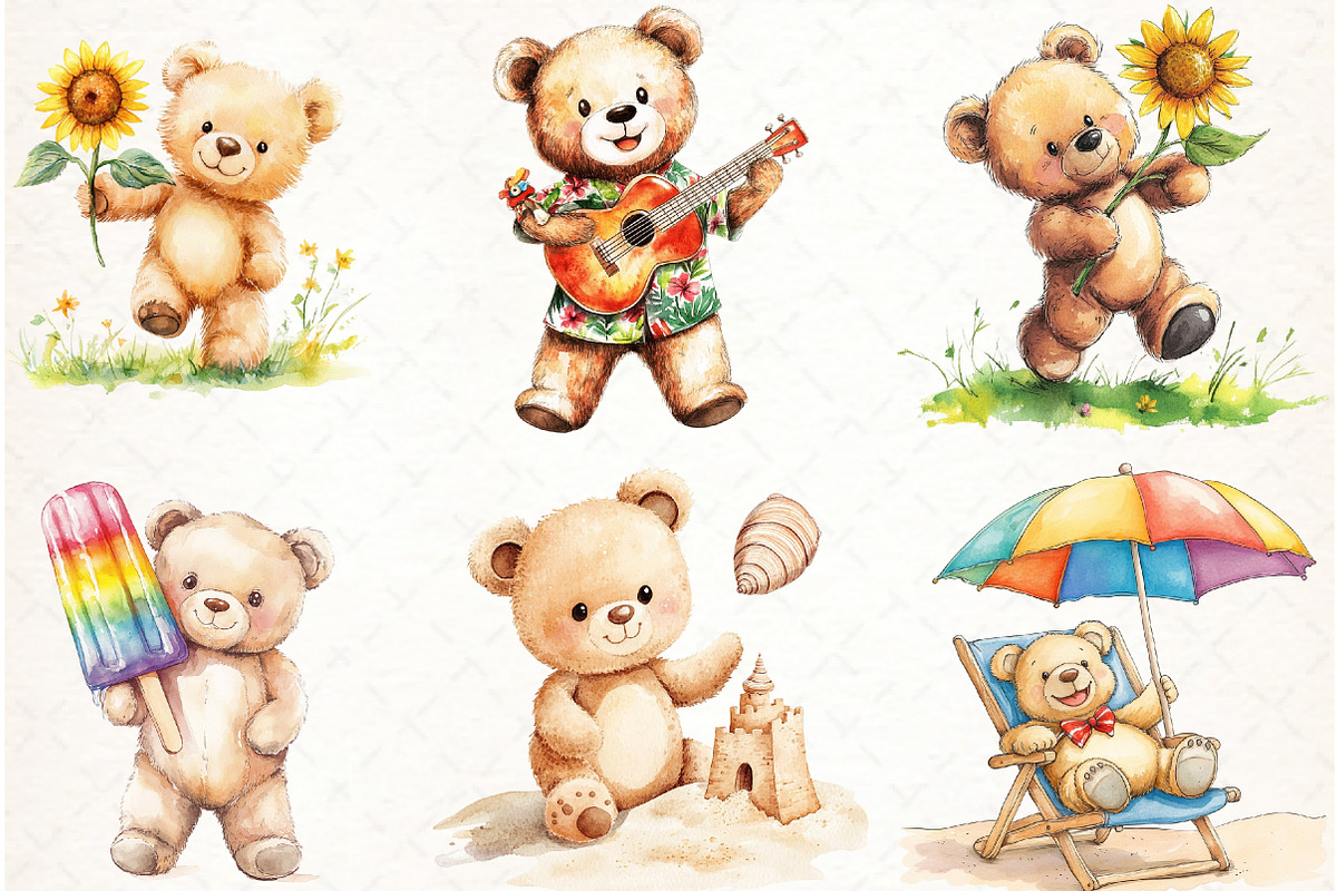 Summer Teddy Bear Clipart, an Illustration by Watercolor design (Photo 2 of 4)
